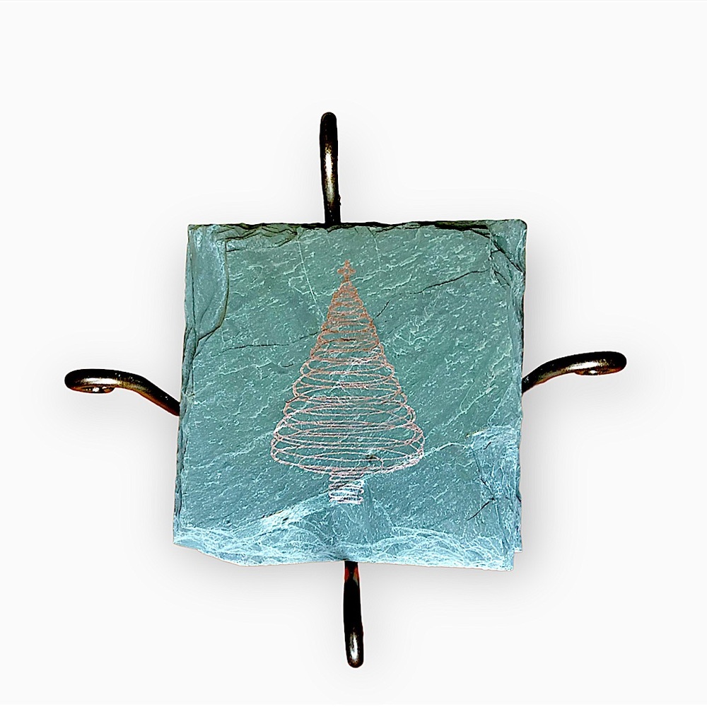 New Slate Stone Rose Gold Christmas Tree Coaster Set
